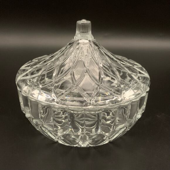 Vintage Other - Vintage KIG Indonesia Glass Candy Dish Bowl With Lid Diamond Cut Round Pressed